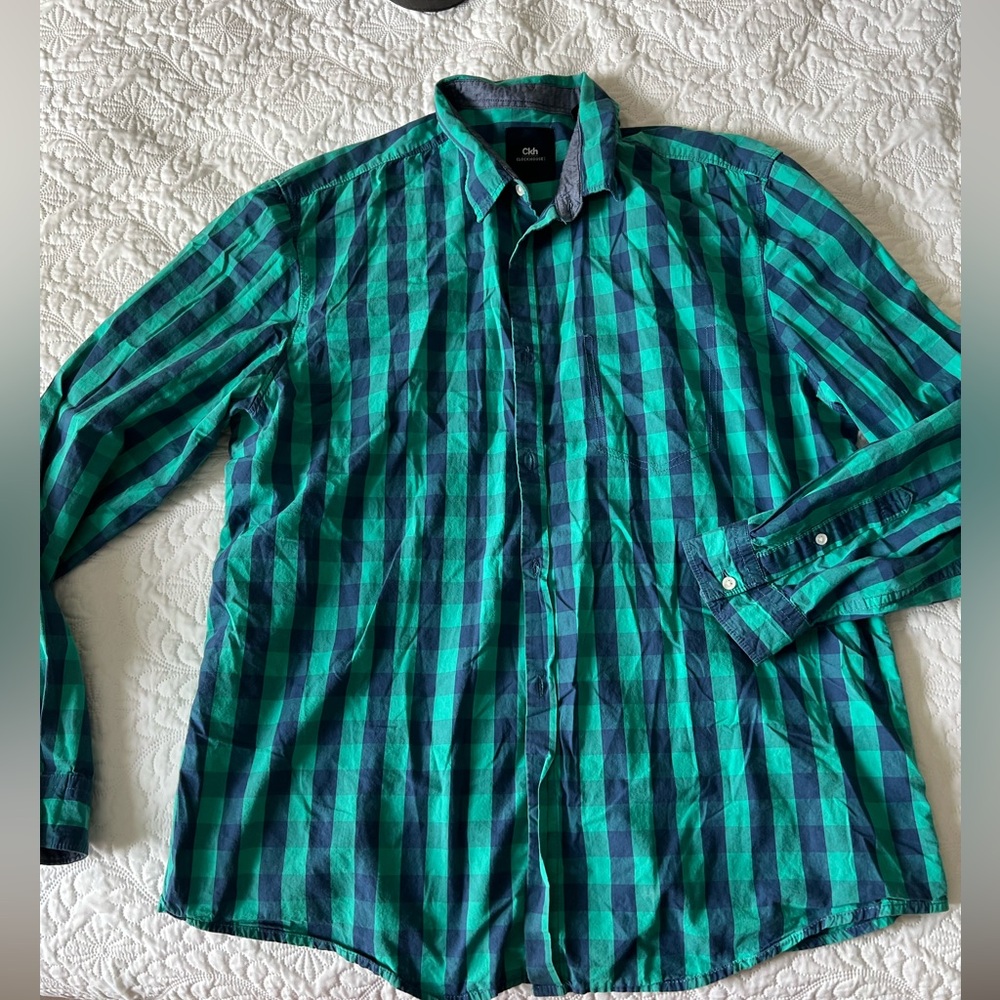 Men's Green and Blue Checkered Dress Shirt